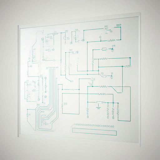 Technical schematic overlay of a circuit board on white frosted glass
